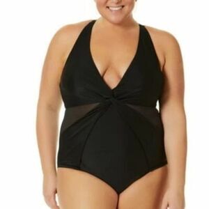Terra and Sky Womens 14W Solid Black Crossback One-Piece Swimsuit - New